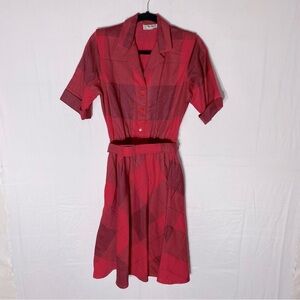Vintage Nu-Mode Red Black Plaid Button Front Belted Midi Dress L